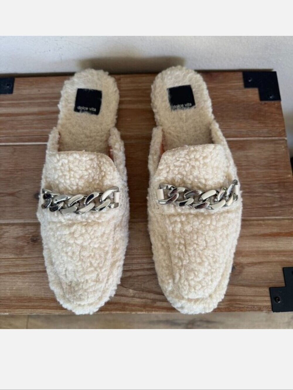Dolce Vita Cream Faux-Shearling Chain-Trim Mules